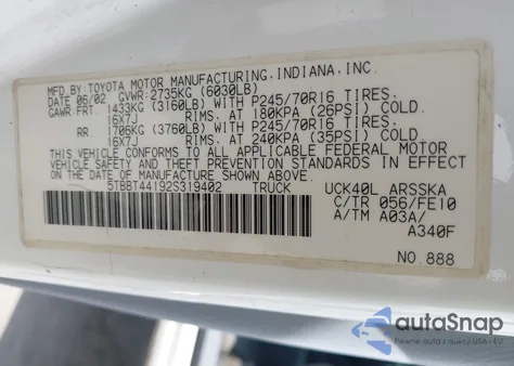 2002 Toyota Tundra Sr5 V8 z USA, uszkodzony, nr VIN 5TBBT44192S319402